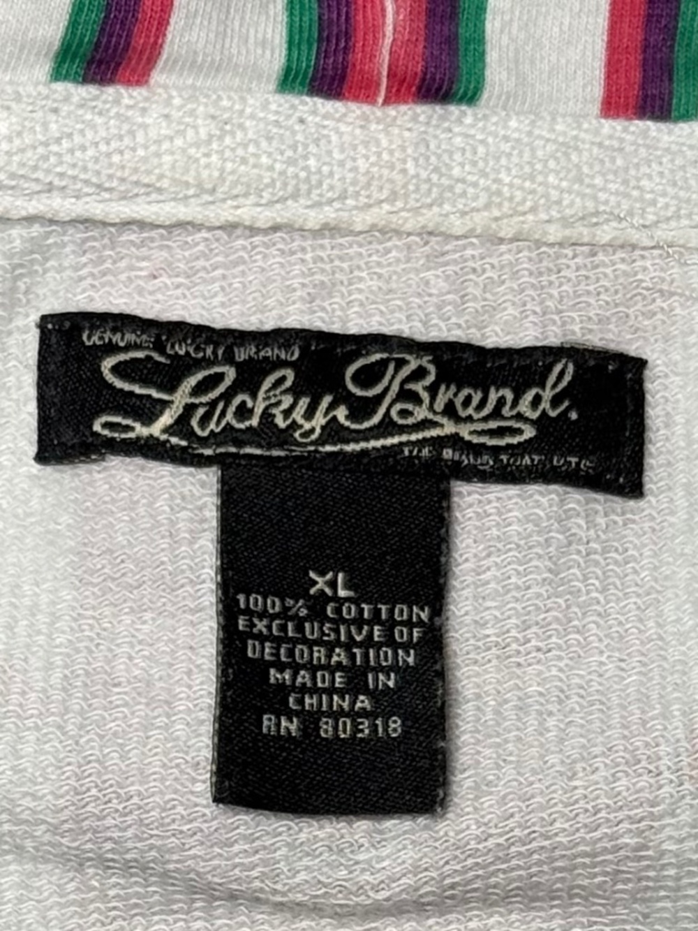 Y2K Lucky Brand "Shibuya Kitty" XL Applique Hoodie Rising Sun Striped Floral - Picture 10 of 11